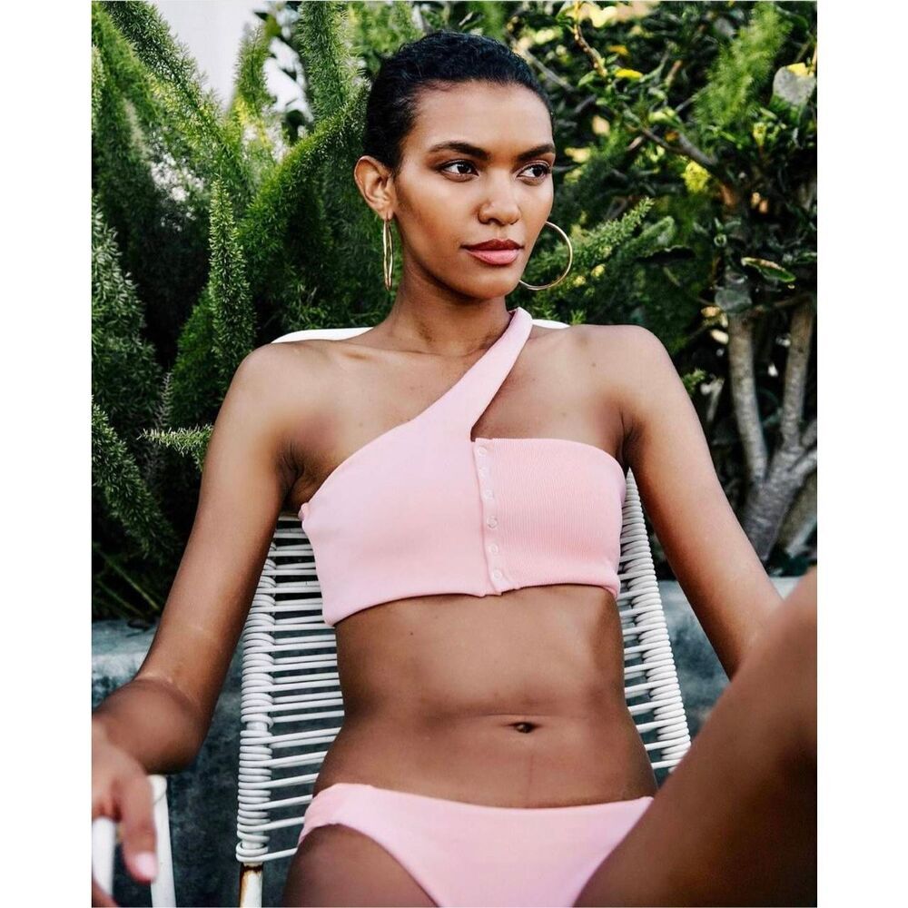 KORAL One Shoulder Pink Ribbed Bikini Swim Top XS NWT Flaw